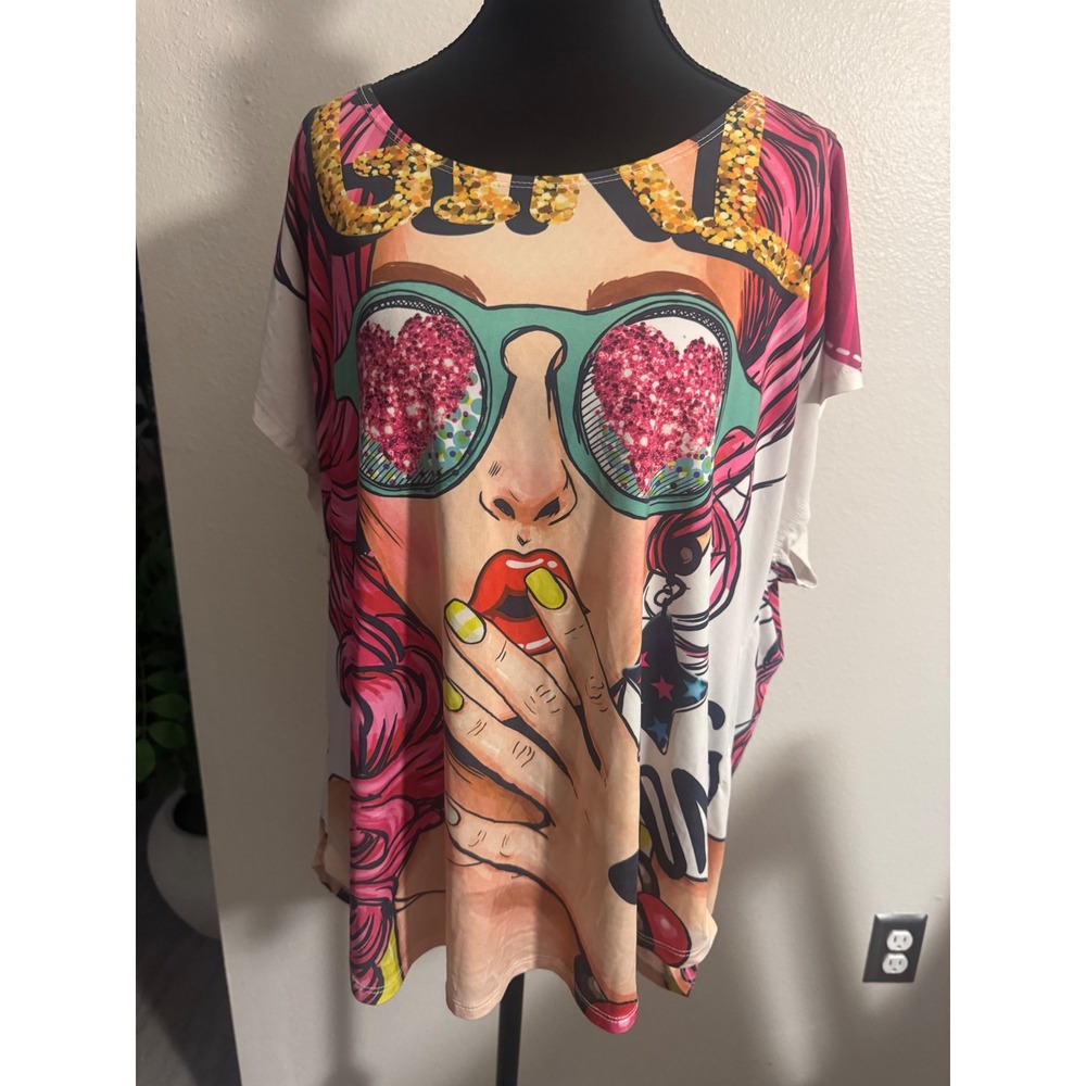 Love J Women Plus Size 3X Graphic Pop Art Girl Heart Sunglasses Dolman Tee Pink